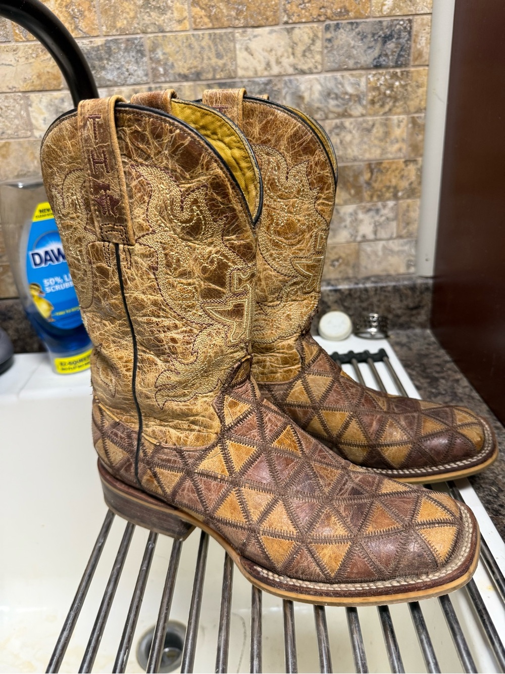 Tin Haul Brown & Tan Geometric Patchwork Cowboy Boots